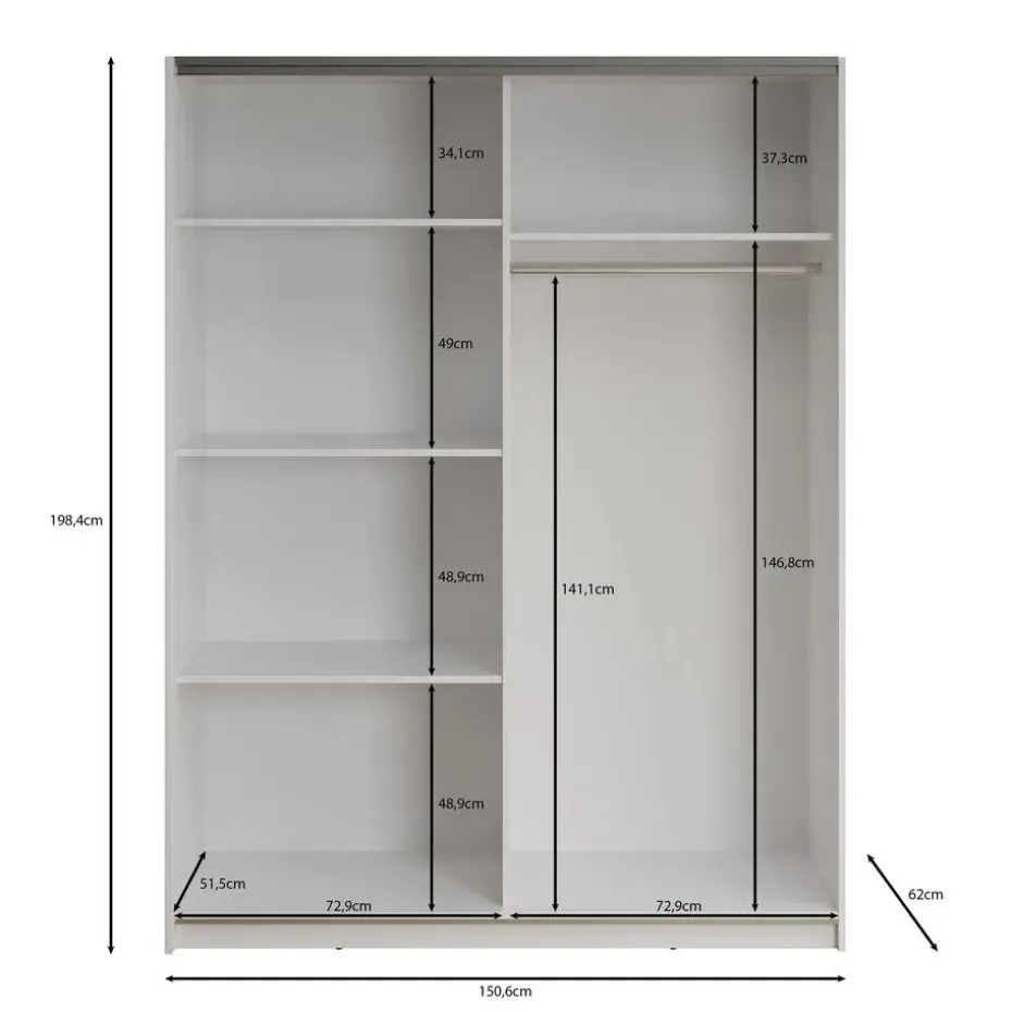 Meubella - Kledingkast Deliryon - Wit - 150 cm - Met spiegel