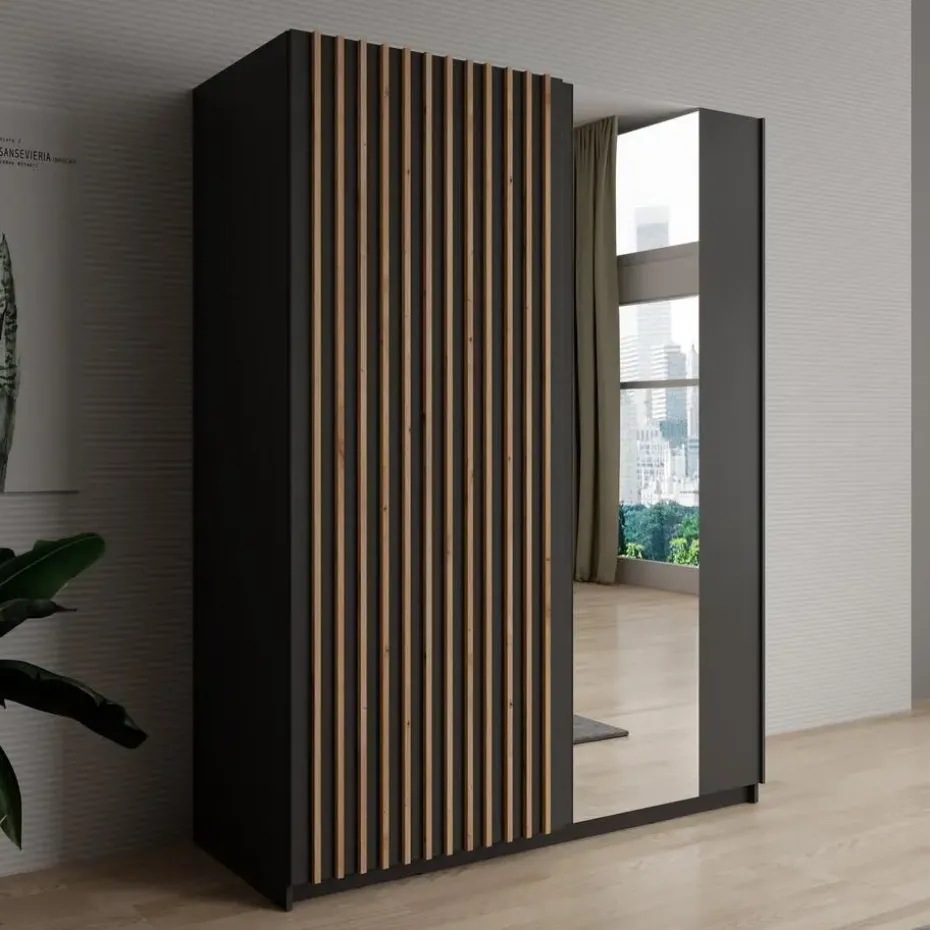 Meubella - Kledingkast Deliryon - Zwart - 150 cm - Met spiegel