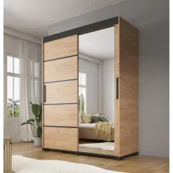 Meubella - Kledingkast Fabio - Eiken - 150 cm - Met spiegel