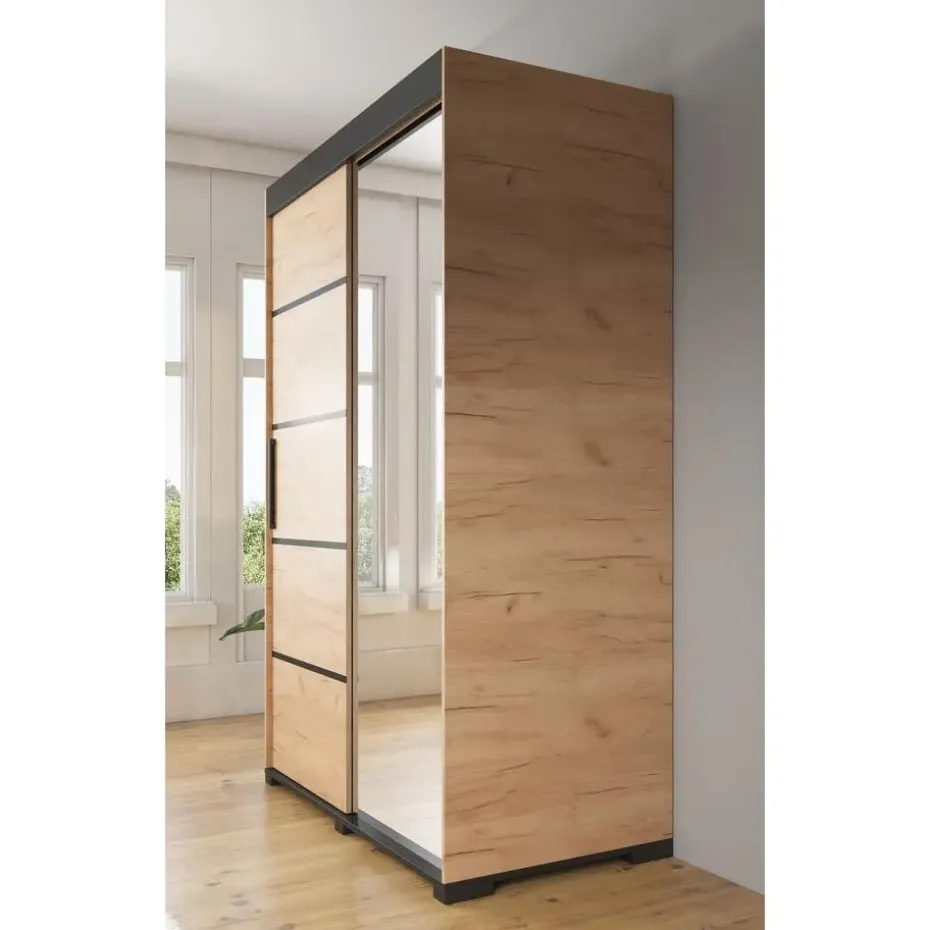 Meubella - Kledingkast Fabio - Eiken - 150 cm - Met spiegel