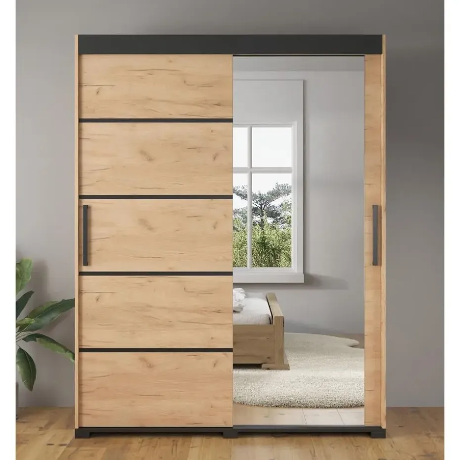 Meubella - Kledingkast Fabio - Eiken - 150 cm - Met spiegel