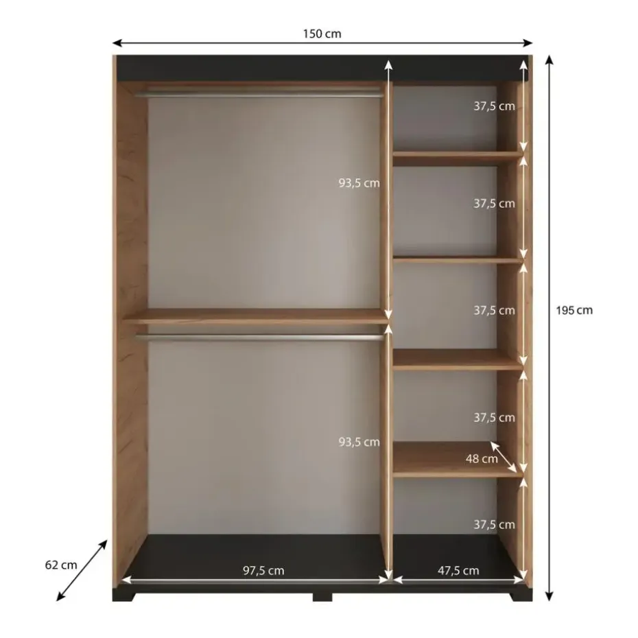 Meubella - Kledingkast Fabio - Eiken - 150 cm - Met spiegel