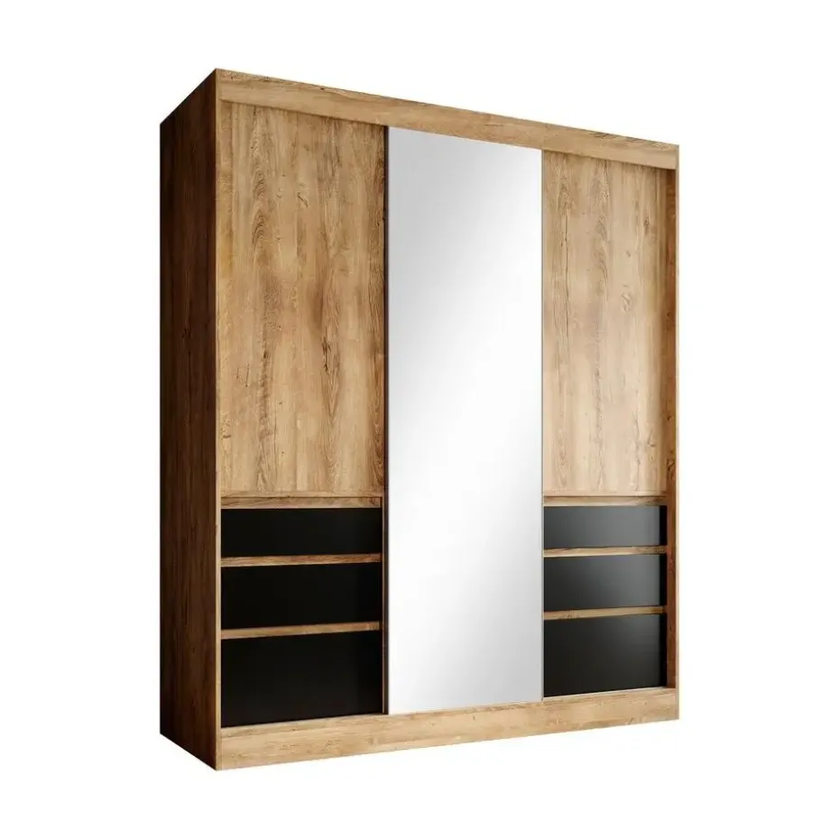 Meubella - Kledingkast Henry - Eiken - Zwart - 180 cm - Met spiegel