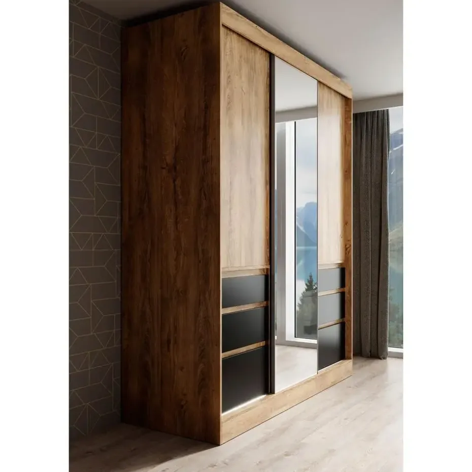 Meubella - Kledingkast Henry - Eiken - Zwart - 180 cm - Met spiegel