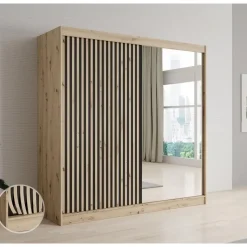 Meubella - Kledingkast Lisbon 2 - Eiken - 200 cm - Met spiegel