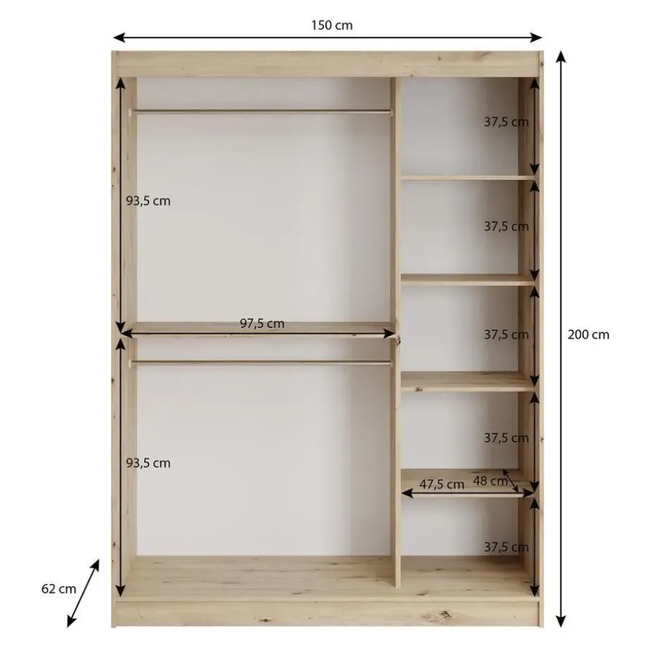 Meubella - Kledingkast Lisbon 2 - Eiken - 150 cm - Met spiegel