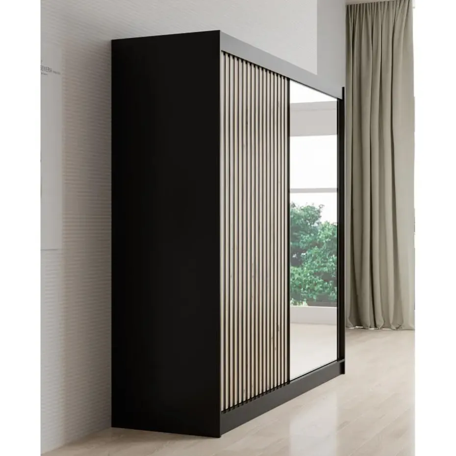 Meubella - Kledingkast Lisbon 2 - Zwart - 200 cm - Met spiegel
