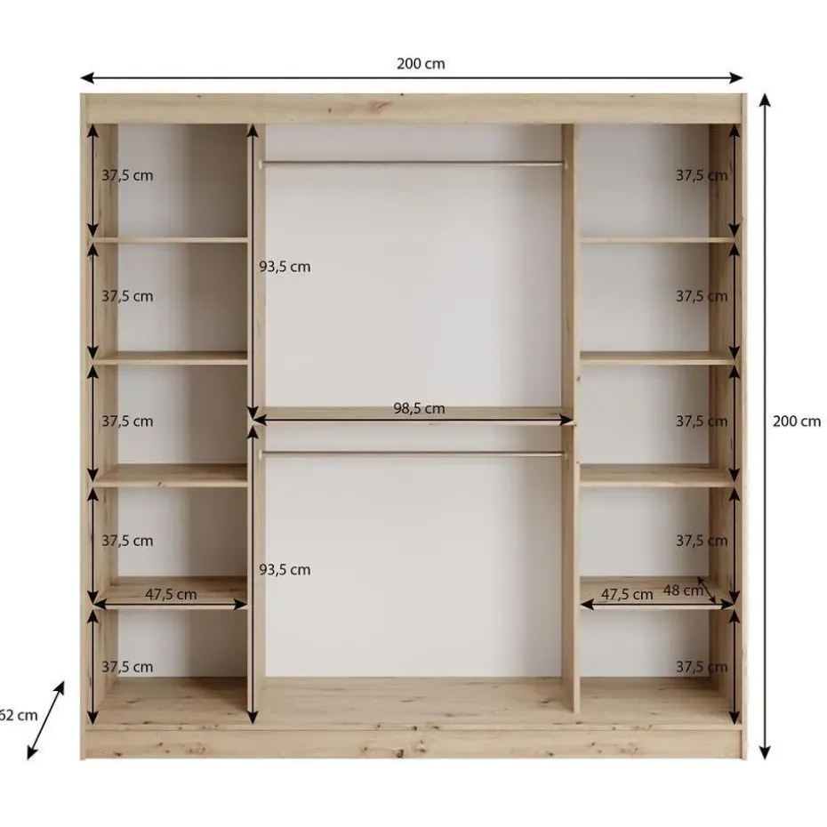 Meubella - Kledingkast Lisbon 2 - Zwart - 200 cm - Met spiegel