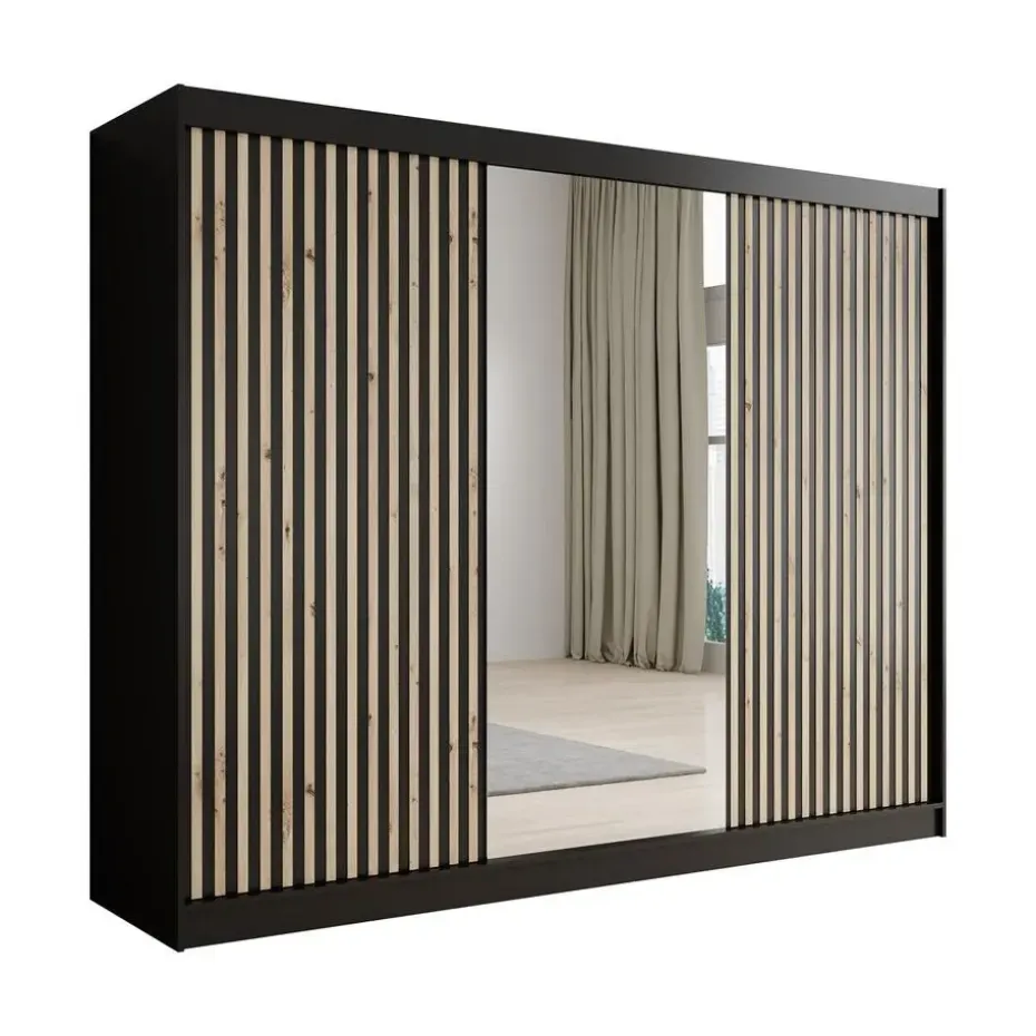 Meubella - Kledingkast Lisbon 2 - Zwart - 250 cm - Met spiegel