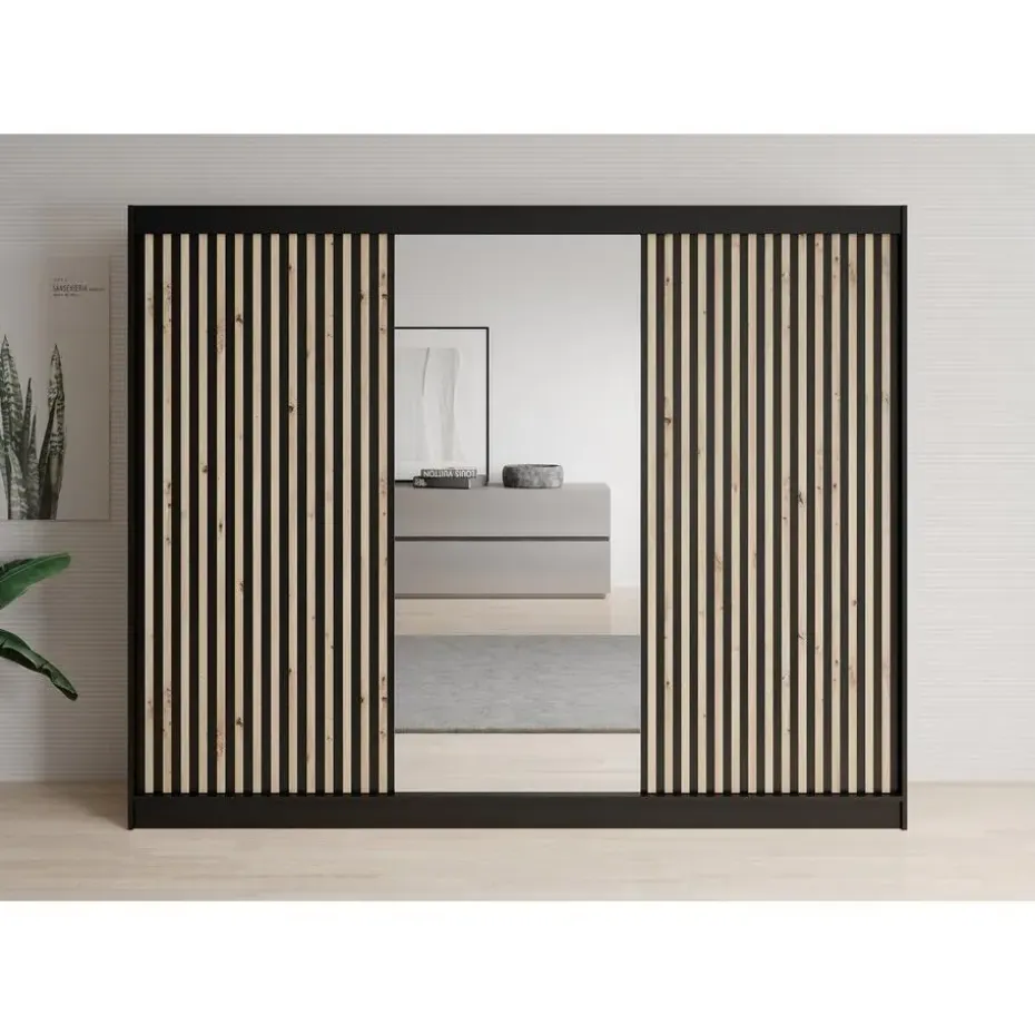 Meubella - Kledingkast Lisbon 2 - Zwart - 250 cm - Met spiegel