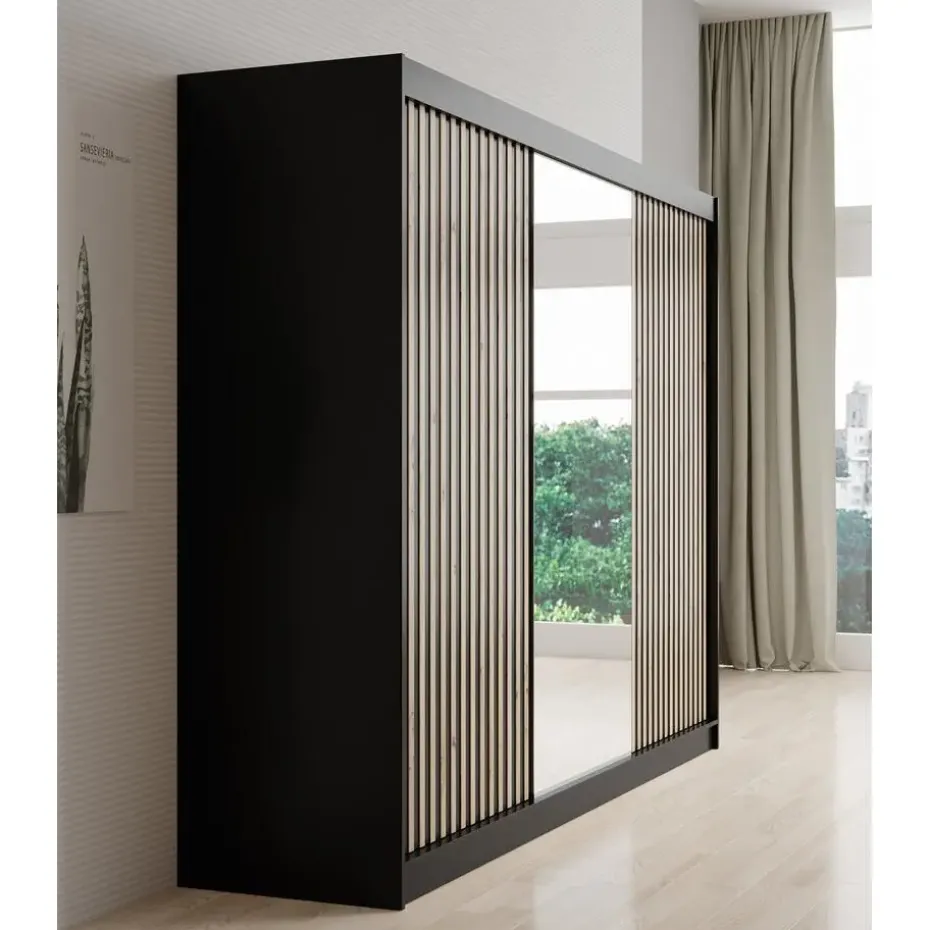 Meubella - Kledingkast Lisbon 2 - Zwart - 250 cm - Met spiegel