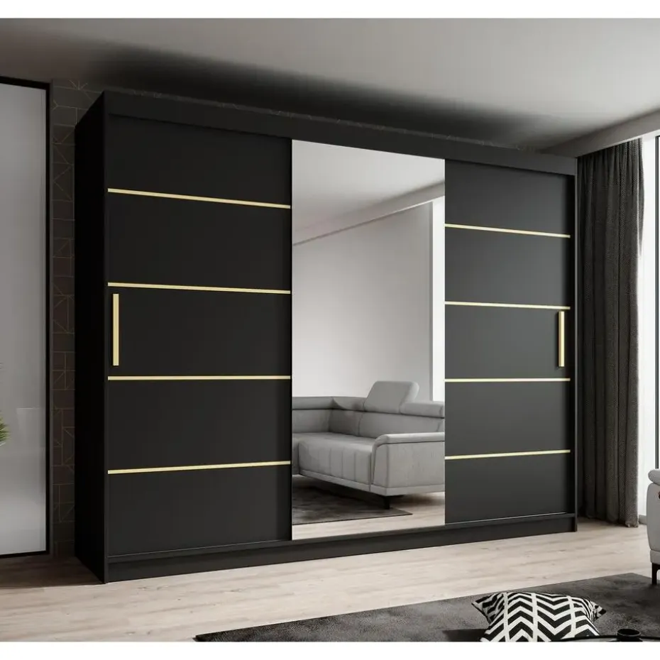 Meubella - Kledingkast Malavi 2 - Zwart - 250 cm - Met spiegel