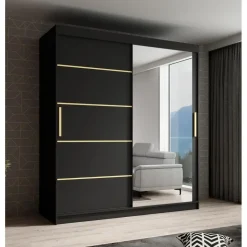 Meubella - Kledingkast Malavi 2 - Zwart - 180 cm - Met spiegel