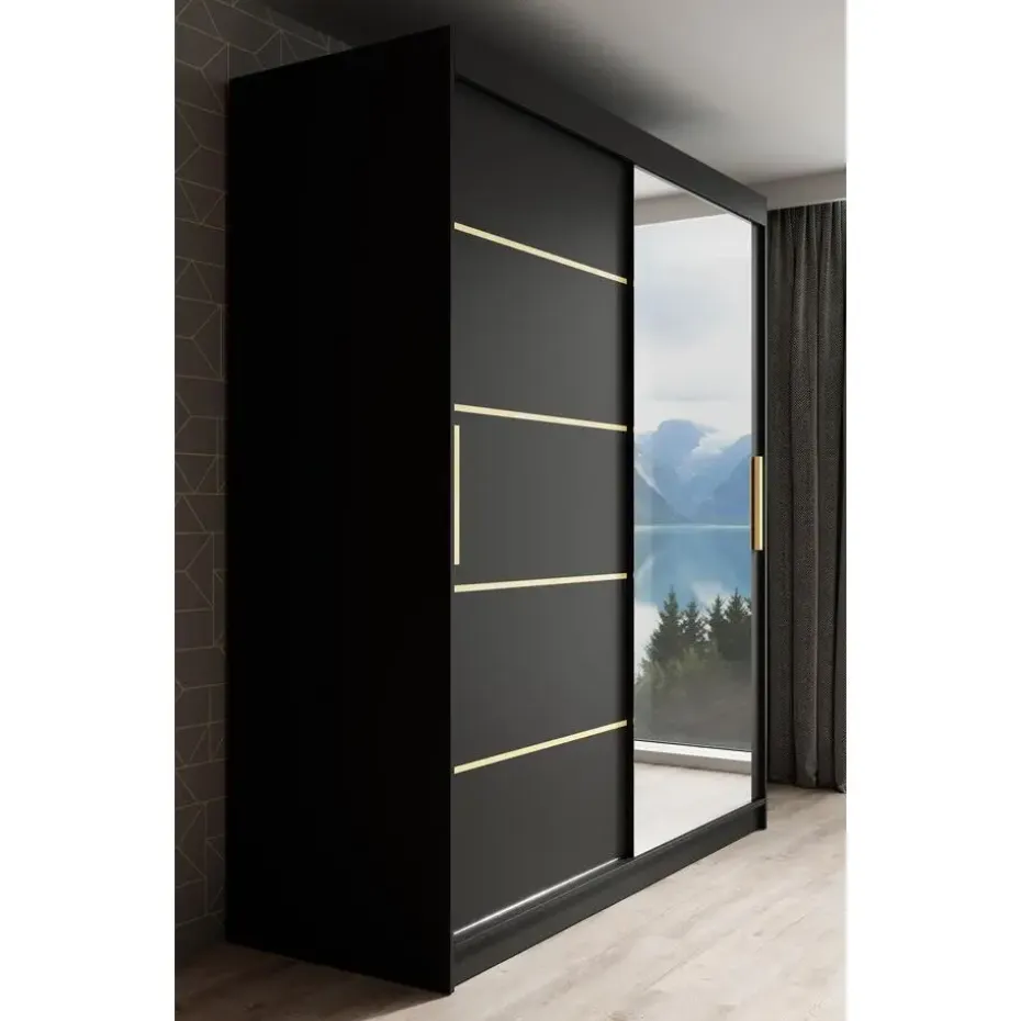 Meubella - Kledingkast Malavi 2 - Zwart - 180 cm - Met spiegel