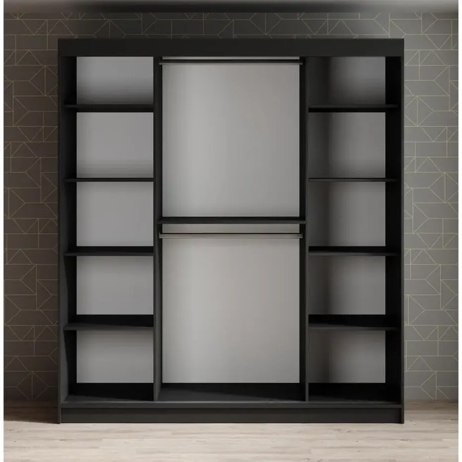 Meubella - Kledingkast Malavi 2 - Zwart - 180 cm - Met spiegel