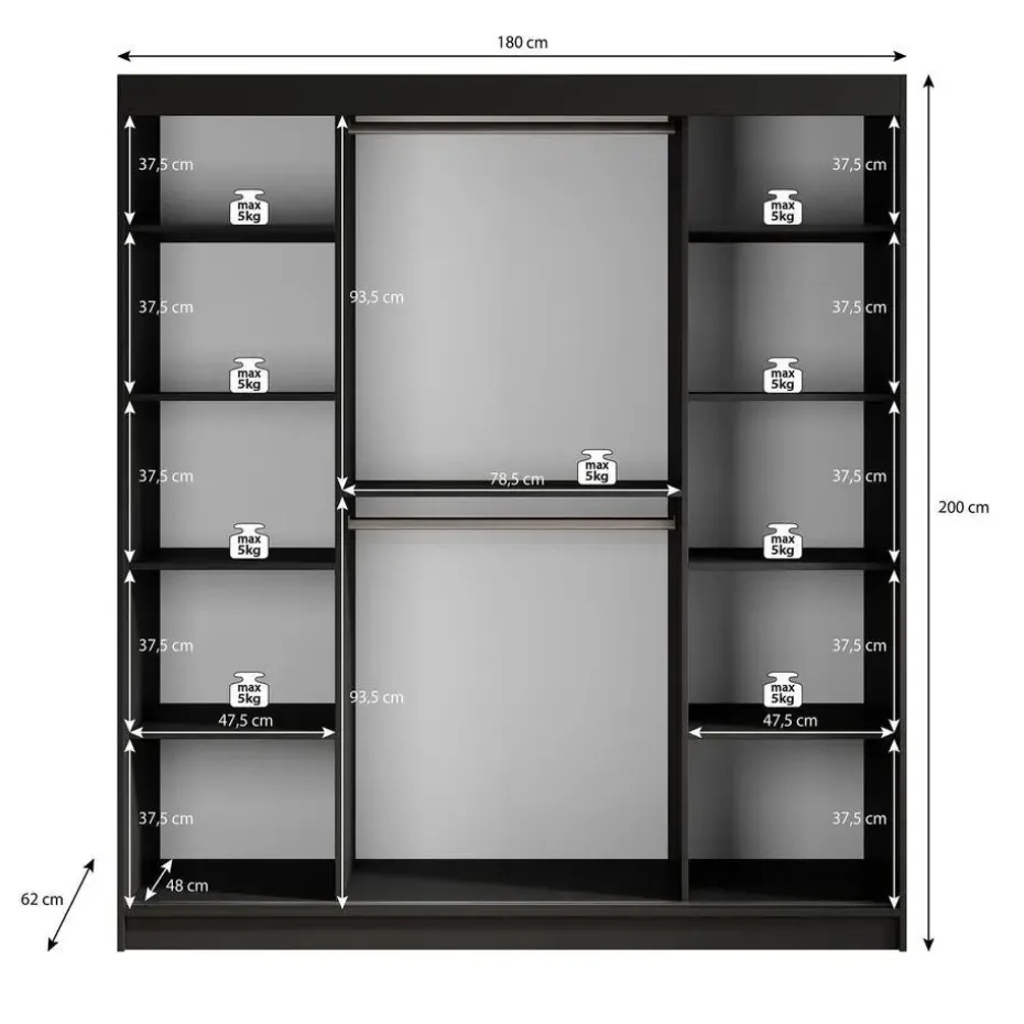 Meubella - Kledingkast Malavi 2 - Zwart - 180 cm - Met spiegel