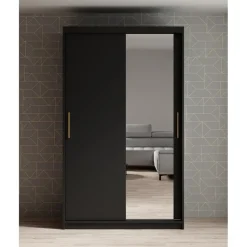 Meubella - Kledingkast Mandalin - Zwart - 120 cm - Met spiegel