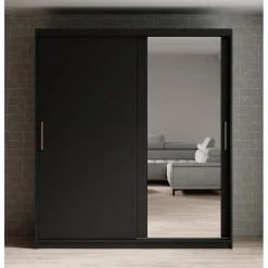 Meubella - Kledingkast Mandalin - Zwart - 180 cm - Met spiegel