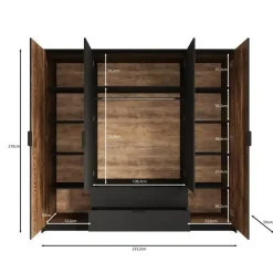 Meubella - Kledingkast Mulvey - Eiken - Antraciet - 220 cm - Met spiegel