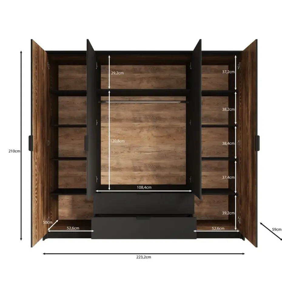 Meubella - Kledingkast Mulvey - Eiken - Antraciet - 220 cm - Met spiegel