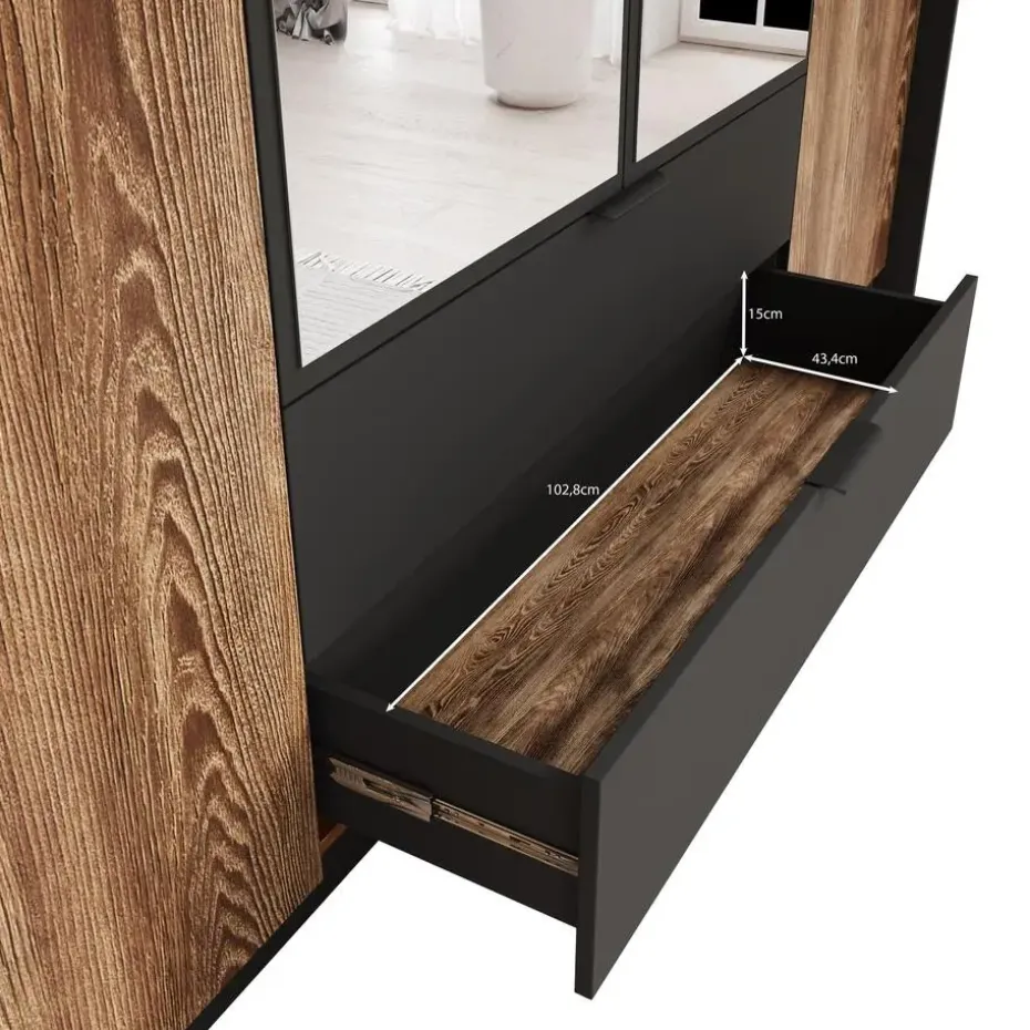 Meubella - Kledingkast Mulvey - Eiken - Antraciet - 220 cm - Met spiegel