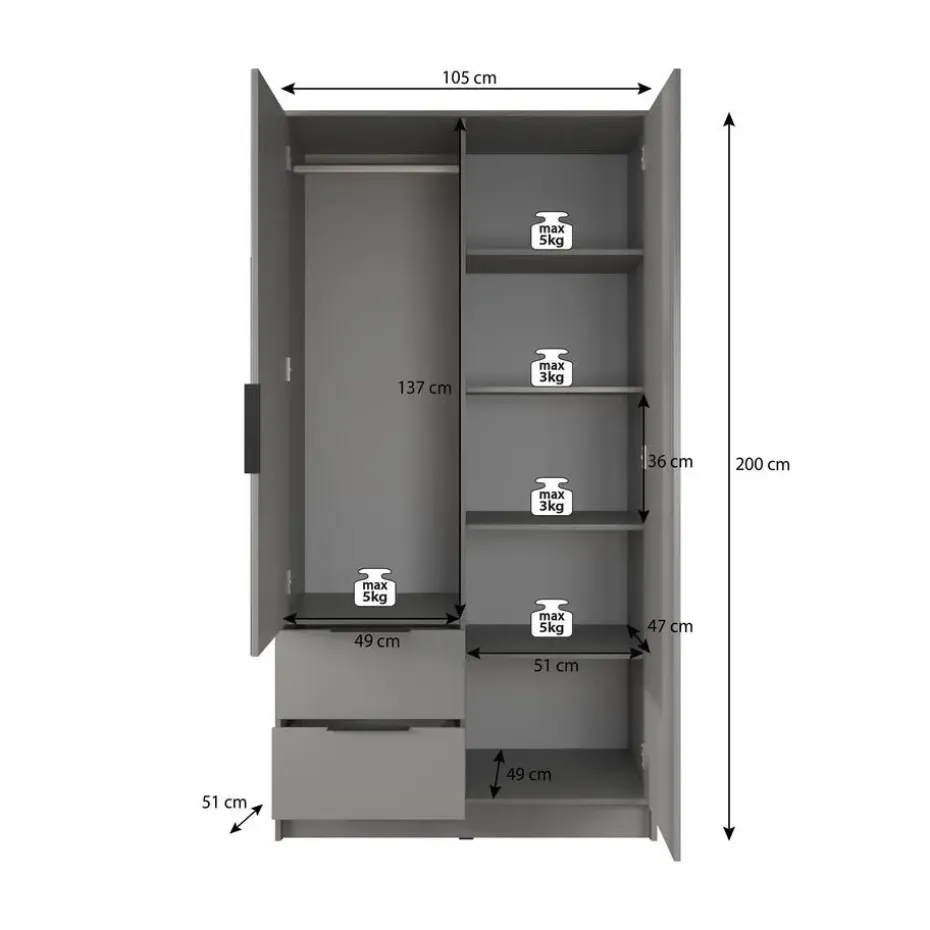 Meubella - Kledingkast Nairobi - Antraciet - Eiken - 105 cm