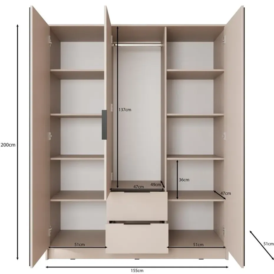 Meubella - Kledingkast Nairobi - Beige - Zwart - 155 cm