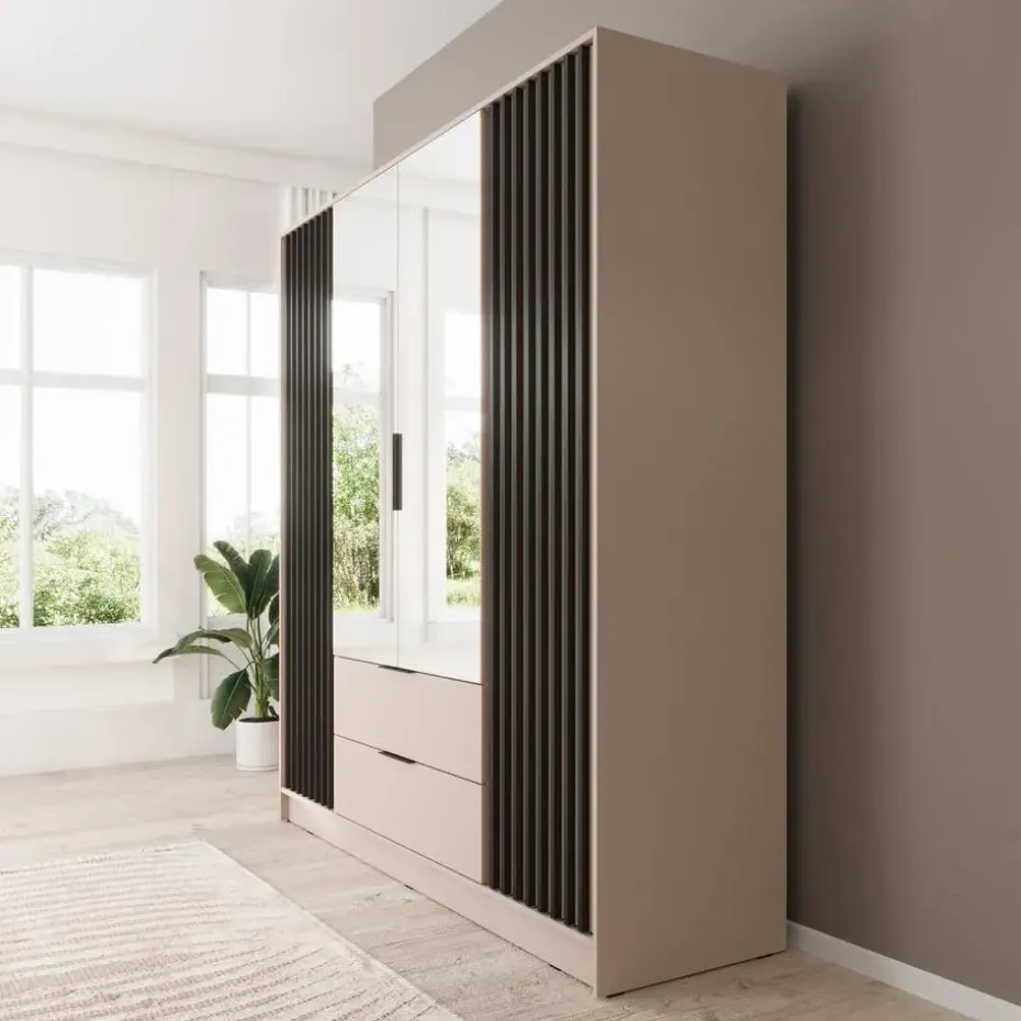 Meubella - Kledingkast Nairobi - Beige - Zwart - 206 cm - met spiegel