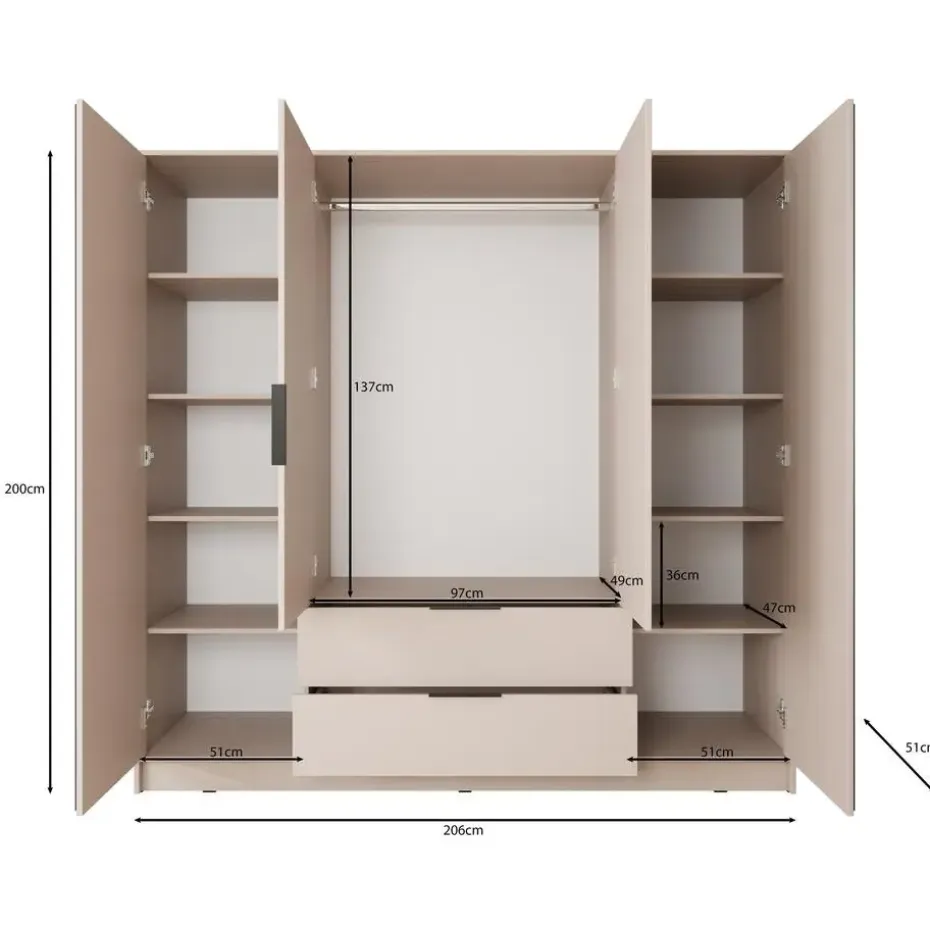 Meubella - Kledingkast Nairobi - Beige - Zwart - 206 cm - met spiegel