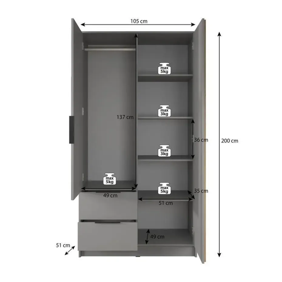 Meubella - Kledingkast Nairobi - Eiken - Zwart - 105 cm - Met spiegel