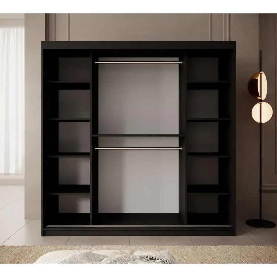 Meubella - Kledingkast Pete - Zwart - 200 cm - Met spiegel