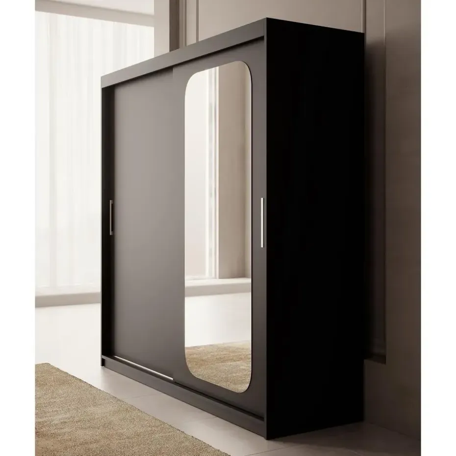 Meubella - Kledingkast Pete - Zwart - 200 cm - Met spiegel