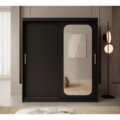 Meubella - Kledingkast Pete - Zwart - 180 cm - Met spiegel