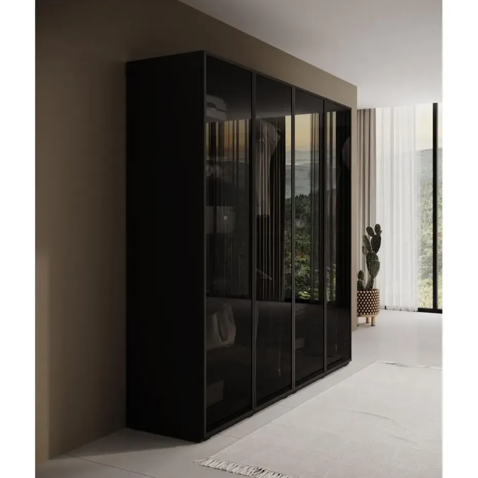 Meubella - Kledingkast Shelton - Zwart 1 - 202 cm - Met glas