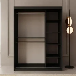 Meubella - Kledingkast Ulysses - Zwart - 150 cm - Met spiegel