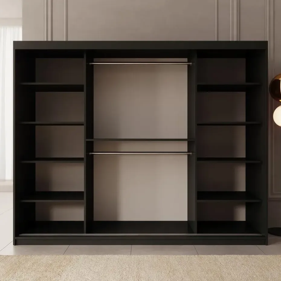 Meubella - Kledingkast Ulysses - Zwart - 250 cm - Met spiegel