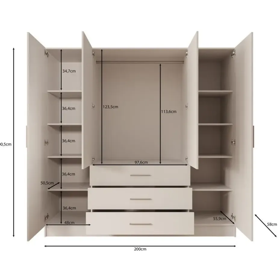 Meubella - Komodo - Kledingkast met 4 deuren - Wit - 200x61x201 cm