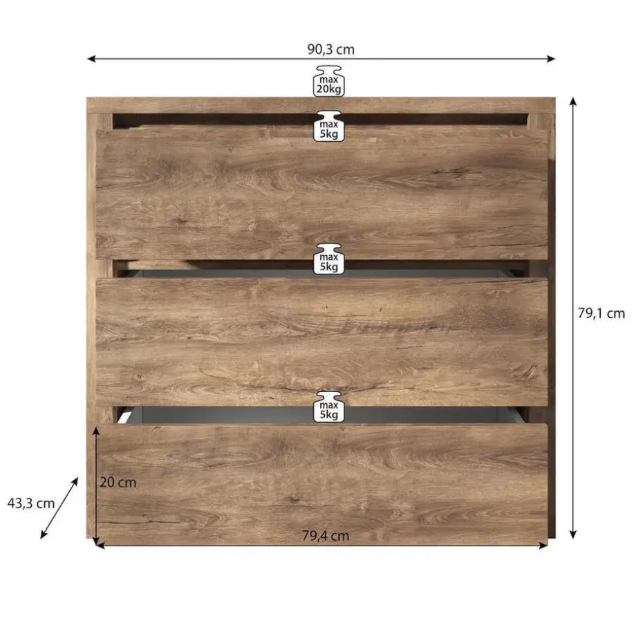 Meubella - Ladekast Monaco - Eiken - Grijs - 90 cm
