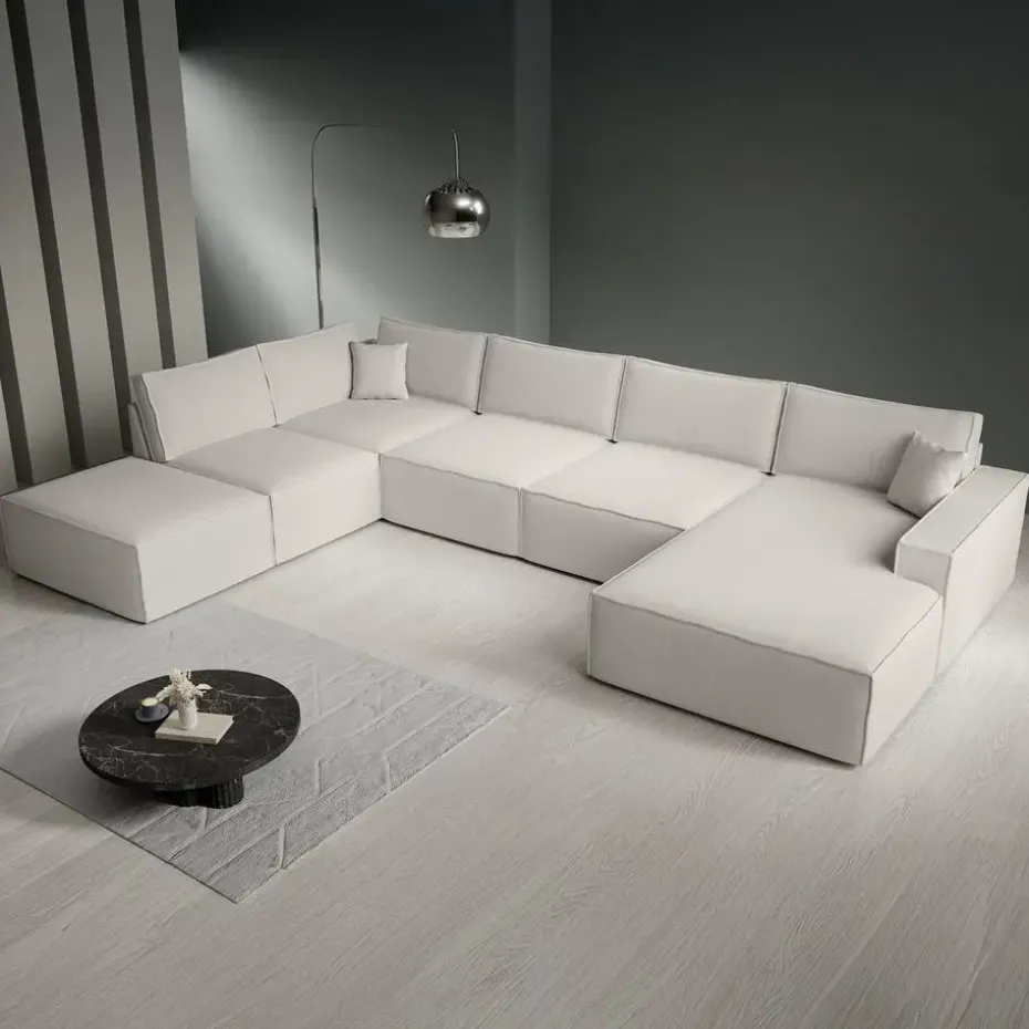 Meubella - Manolo - Hoekbank 5-zits met chaise longue - Stof beige - Rechts