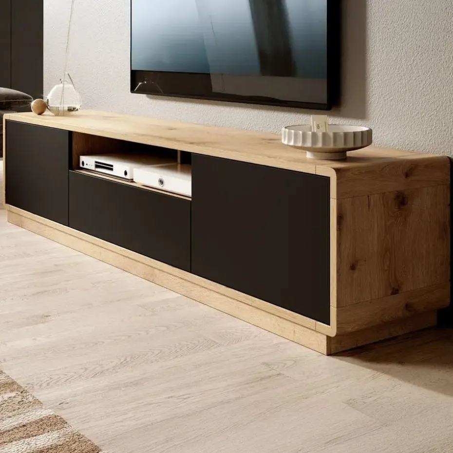 Meubella - TV-Meubel Acuna - Mat zwart - Eiken - 200 cm