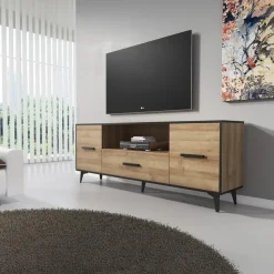 Meubella - TV-Meubel Frey - Licht eiken - Zwart - 179 cm