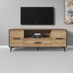 Meubella - TV-Meubel Frey - Licht eiken - Zwart - 179 cm