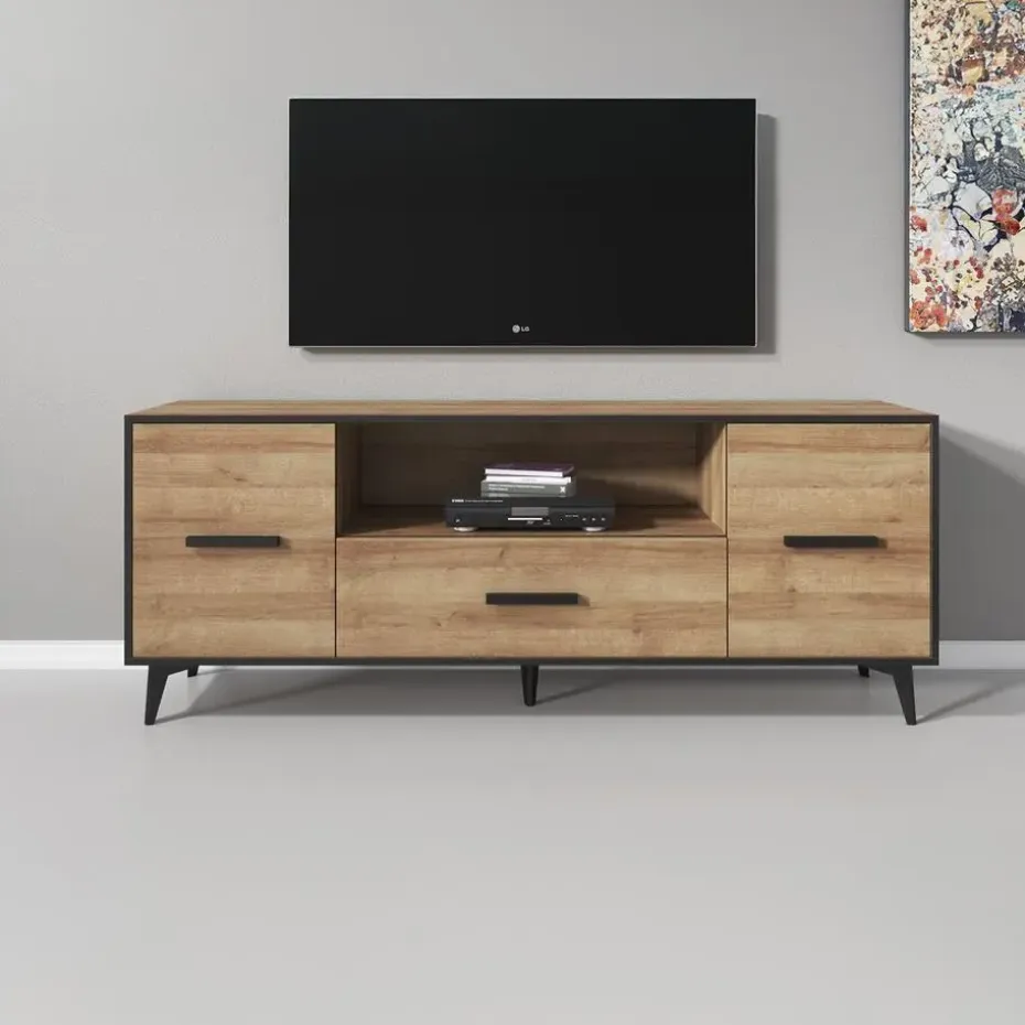 Meubella - TV-Meubel Frey - Licht eiken - Zwart - 179 cm