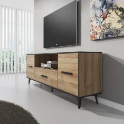 Meubella - TV-Meubel Frey - Licht eiken - Zwart - 179 cm