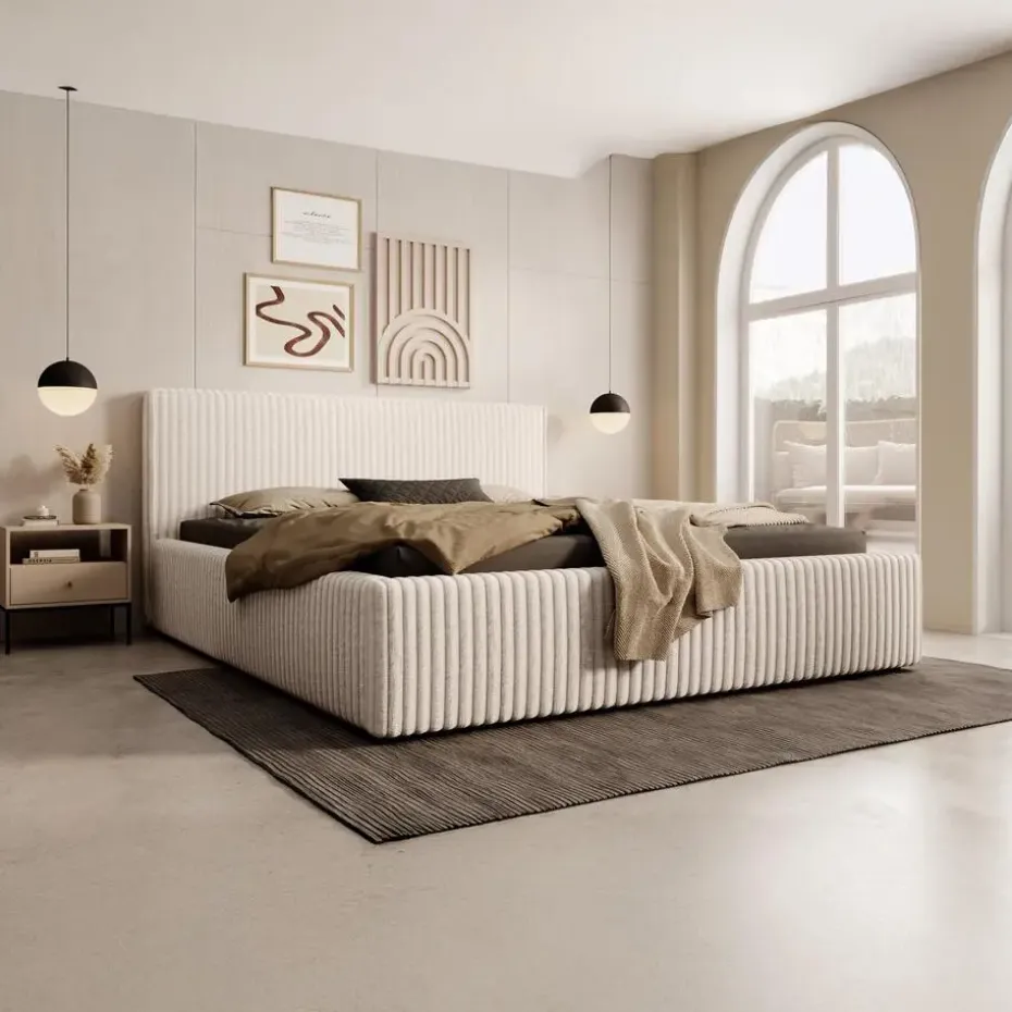 Meubella - Tweepersoonsbed Infinity - Beige - Fluffy ribstof - 160x200 cm