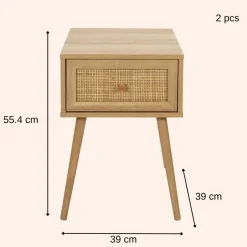 MISOU Nachtkastje Met Lade Set van 2 Rotan Webbing Hout