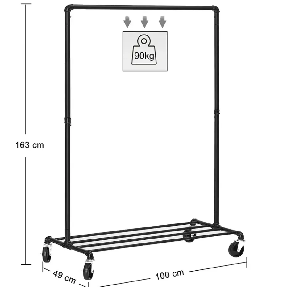 Mobiel kledingrek - 1 rail - zwart