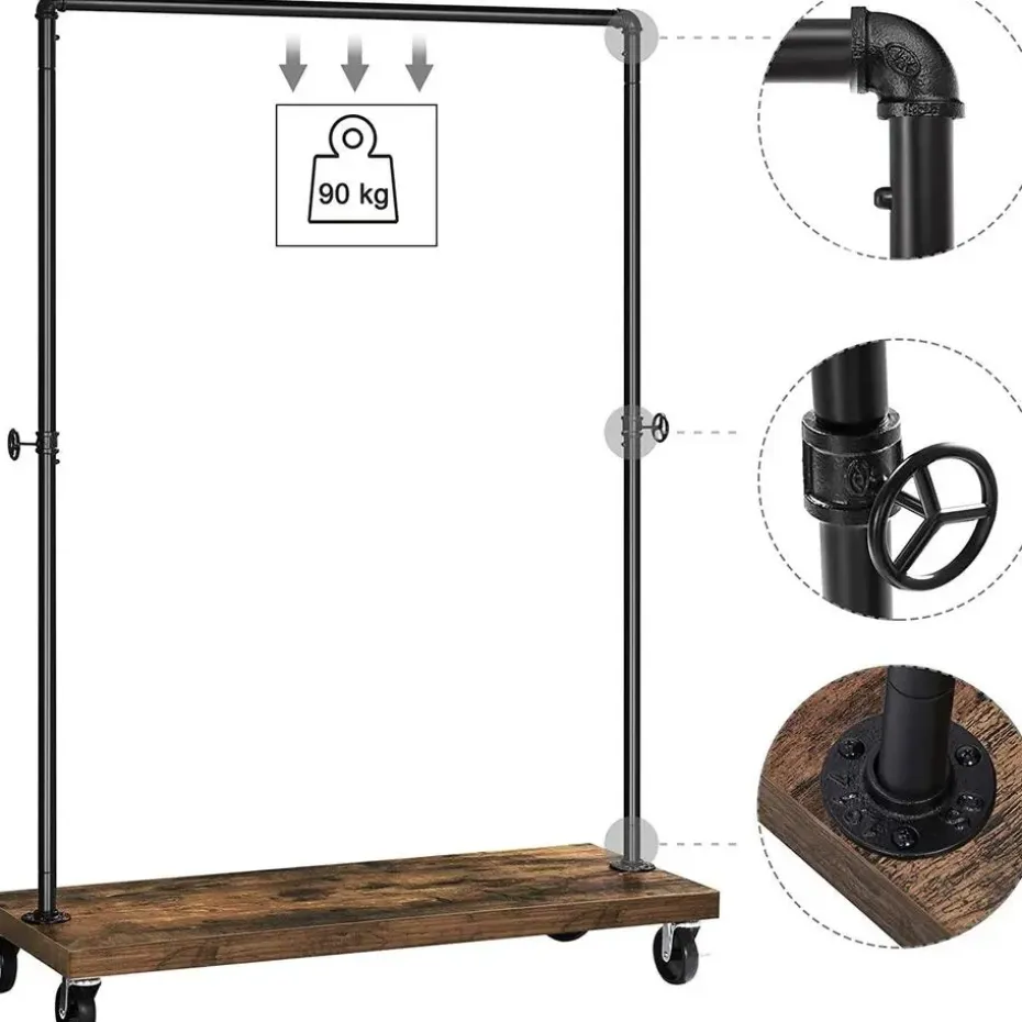 Mobiel kledingrek - rustiek heavy-duty - 1 rail - industrieel design - bruin