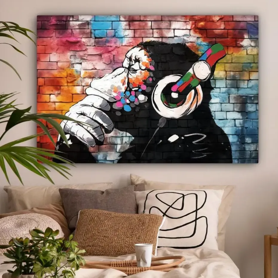 MuchoWow Canvas Schilderij 120x80cm Aap Graffiti Muziek
