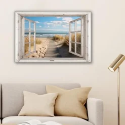 MuchoWow Canvas Schilderij 90x60cm Raam Zee Kust Natuur